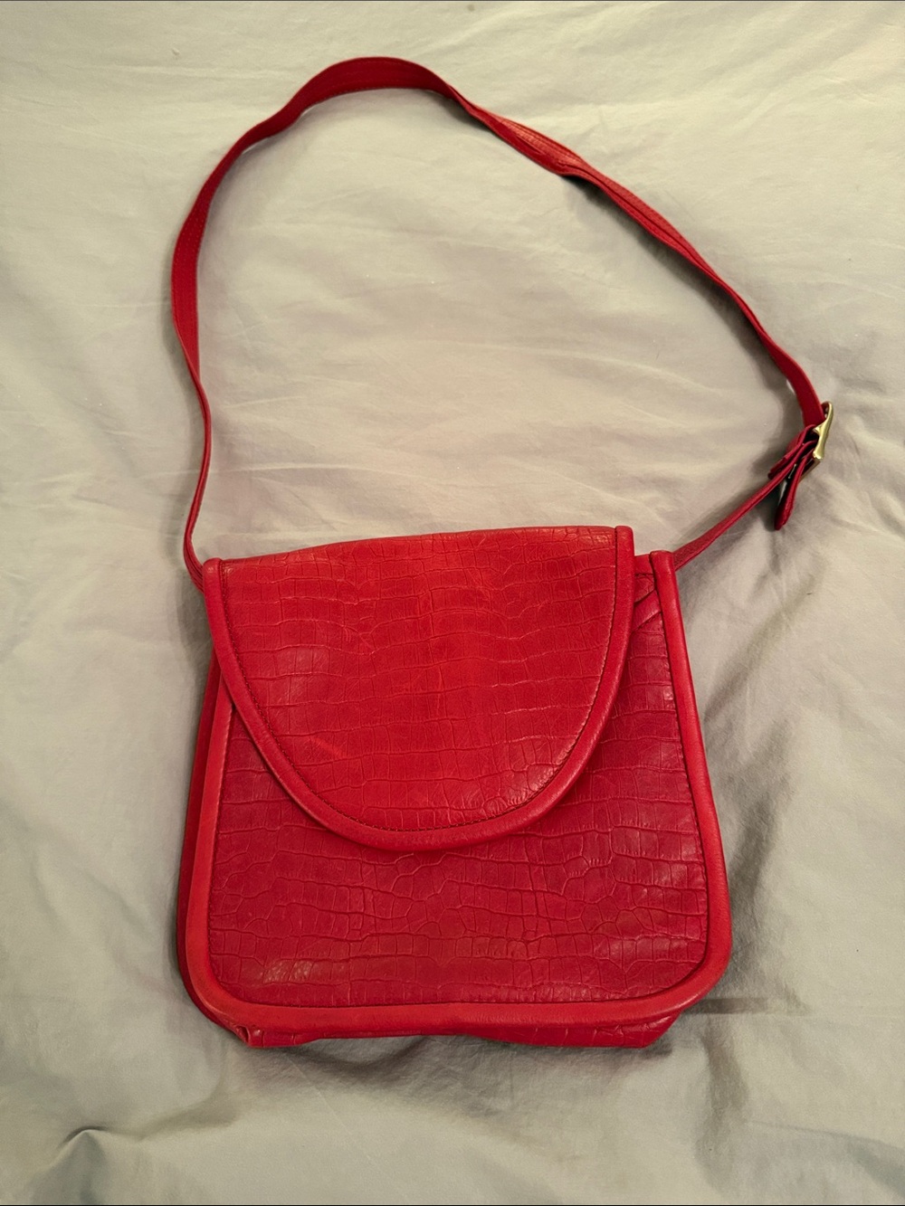 Red Croc-Textured Crossbody Bag with Adjustable Strap